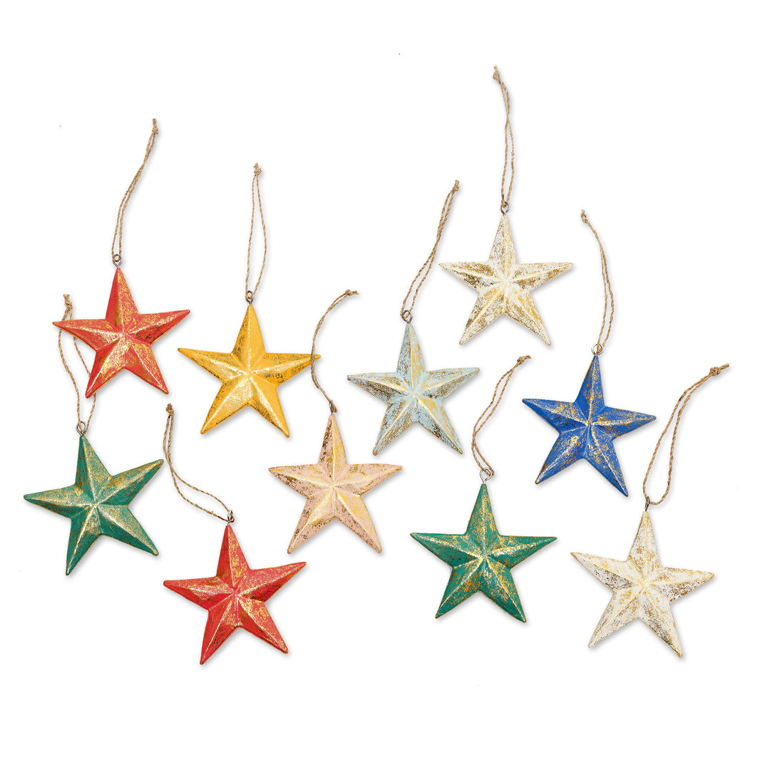 Set of 10 Colorful Wood Star Ornaments with Golden Glitter - Twinkle Rainbow Star