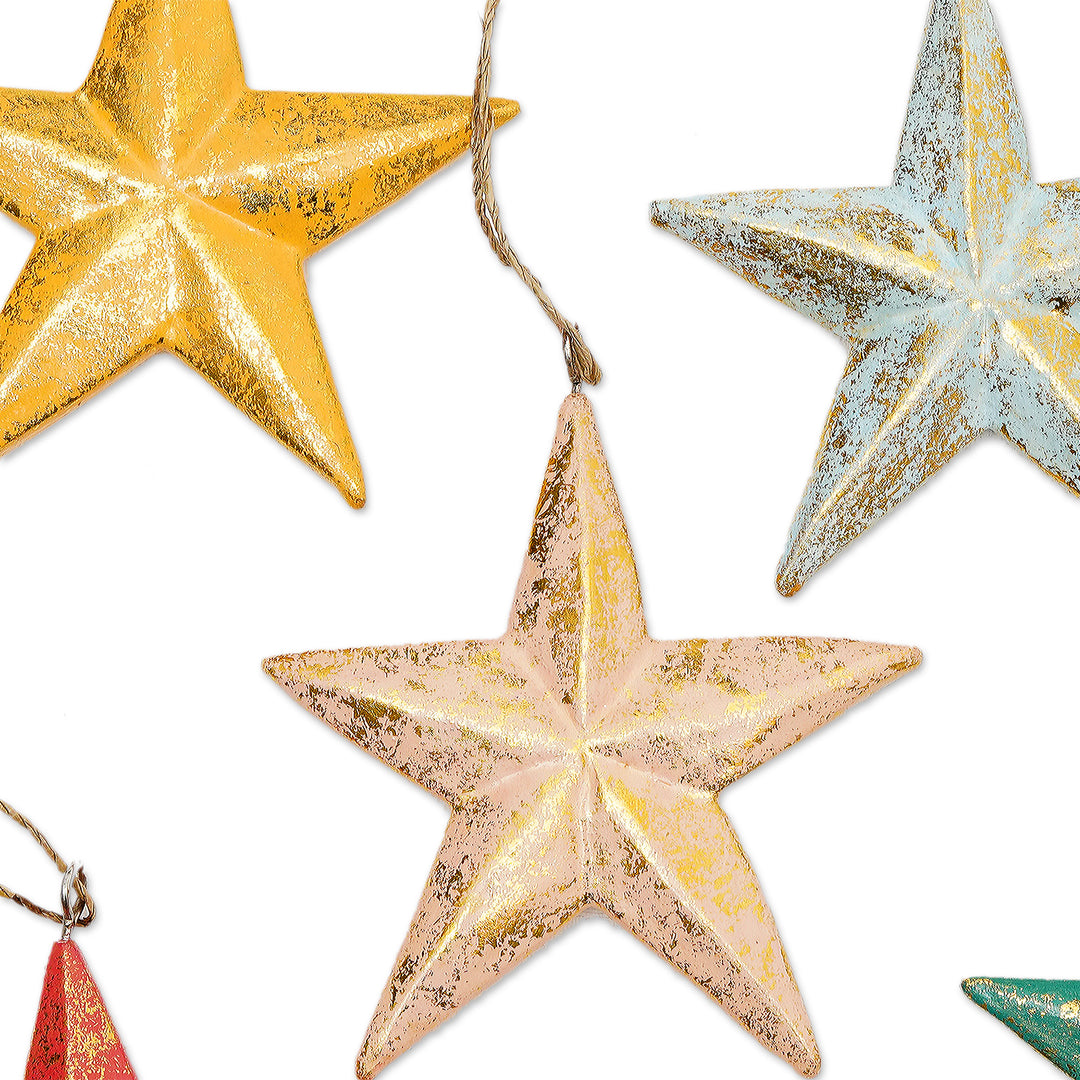 Set of 10 Colorful Wood Star Ornaments with Golden Glitter - Twinkle Rainbow Star
