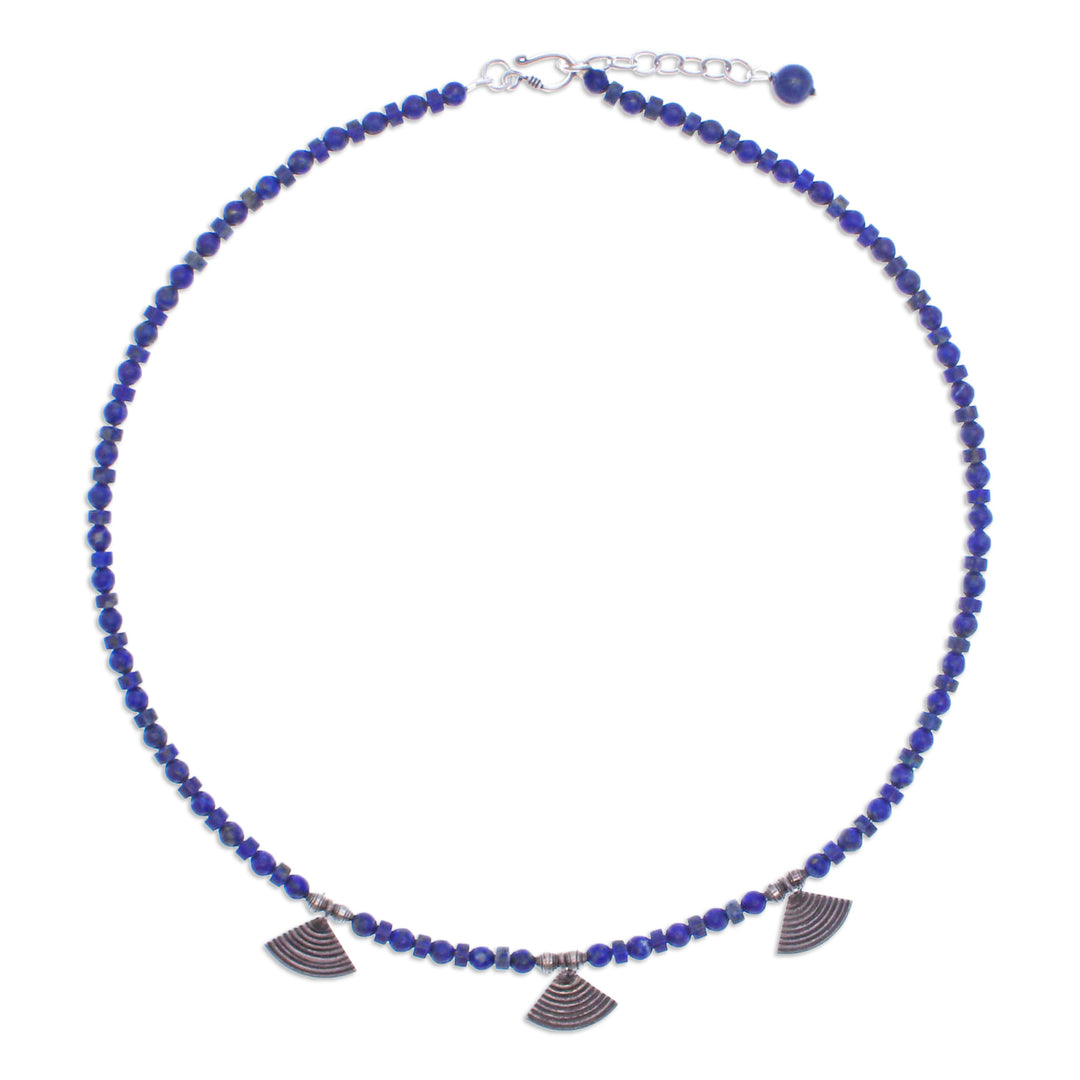 Lapis Lazuli Beaded Necklace with Fan-Shaped Silver Charms - Intellectual Amulet