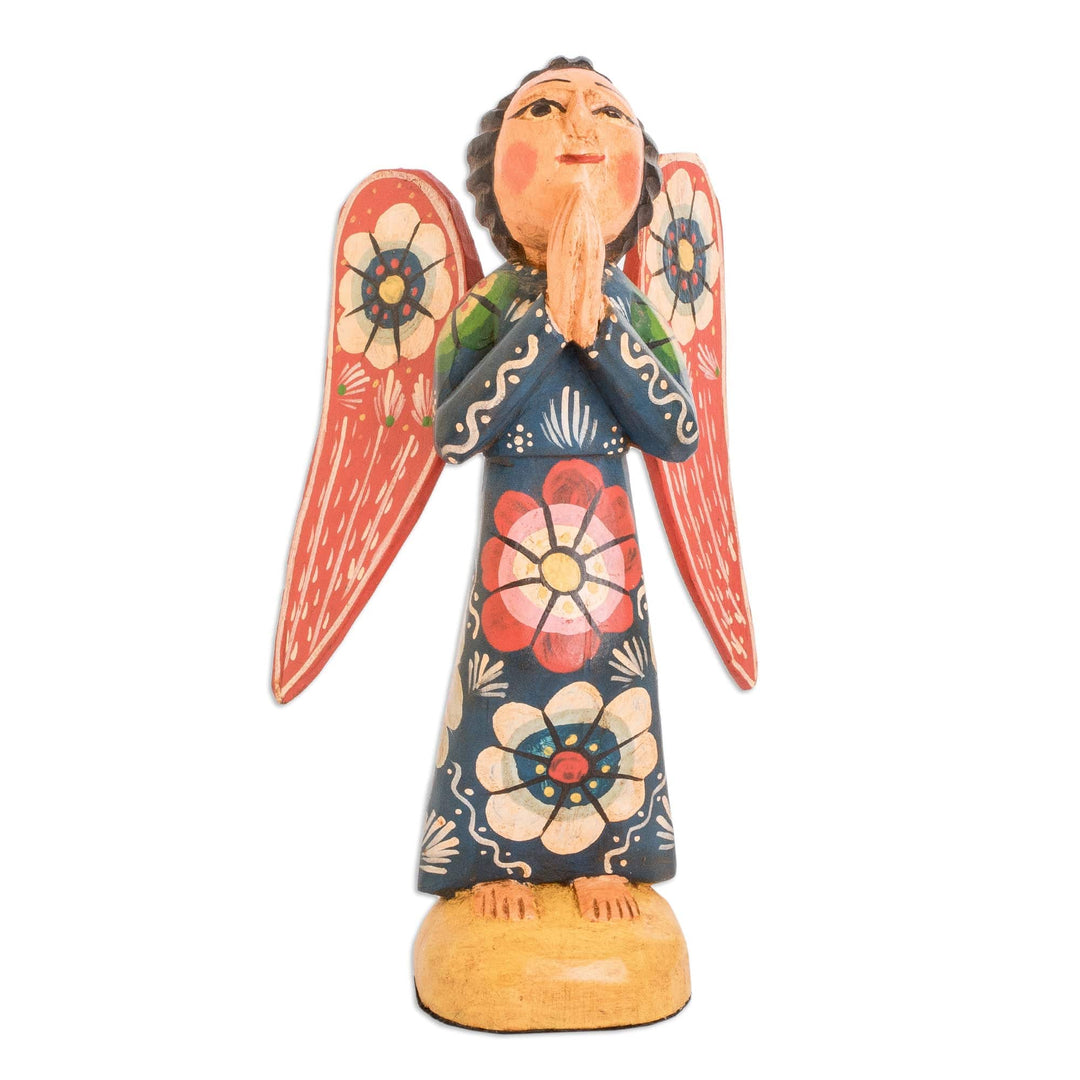 Hand-Painted Floral Pinewood Sculpture of a Praying Angel - Petition to Heaven