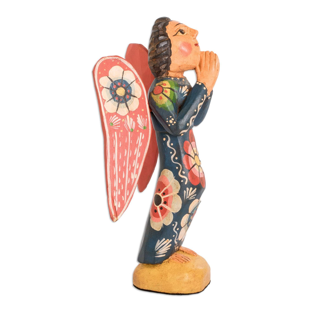 Hand-Painted Floral Pinewood Sculpture of a Praying Angel - Petition to Heaven