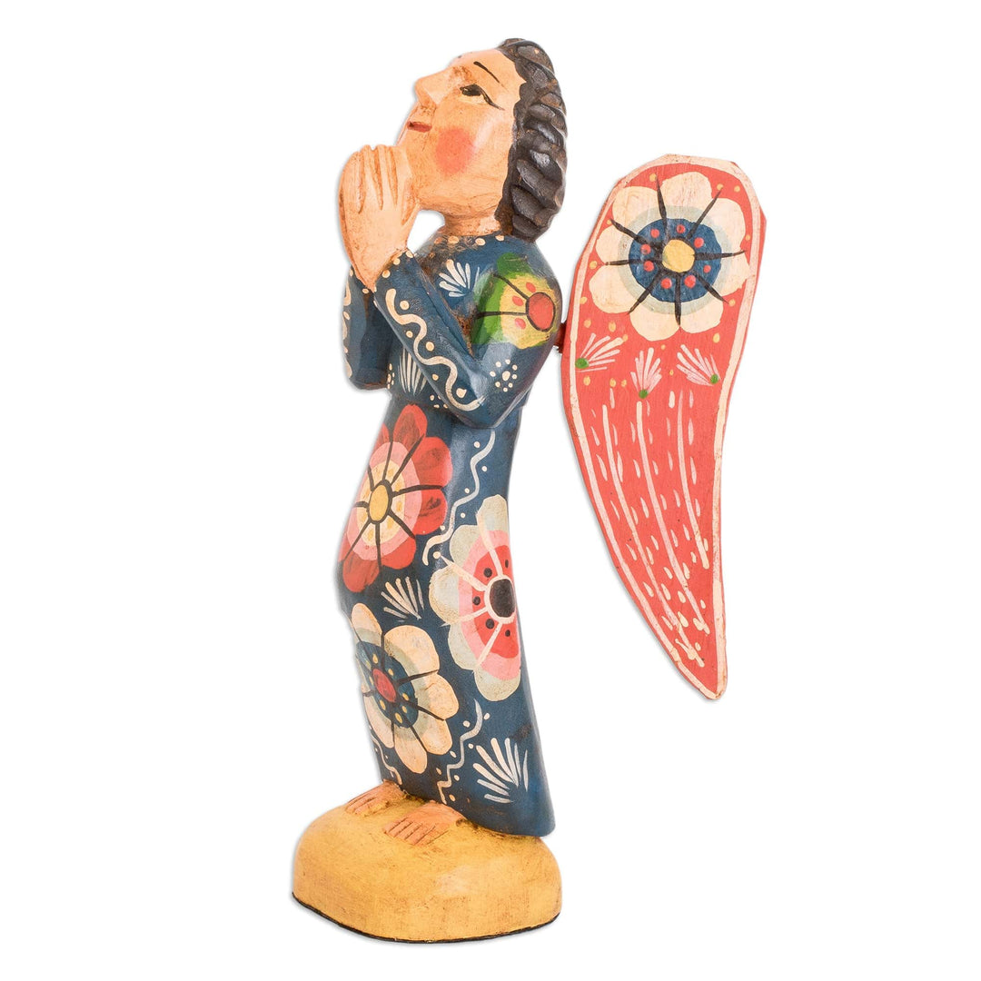Hand-Painted Floral Pinewood Sculpture of a Praying Angel - Petition to Heaven