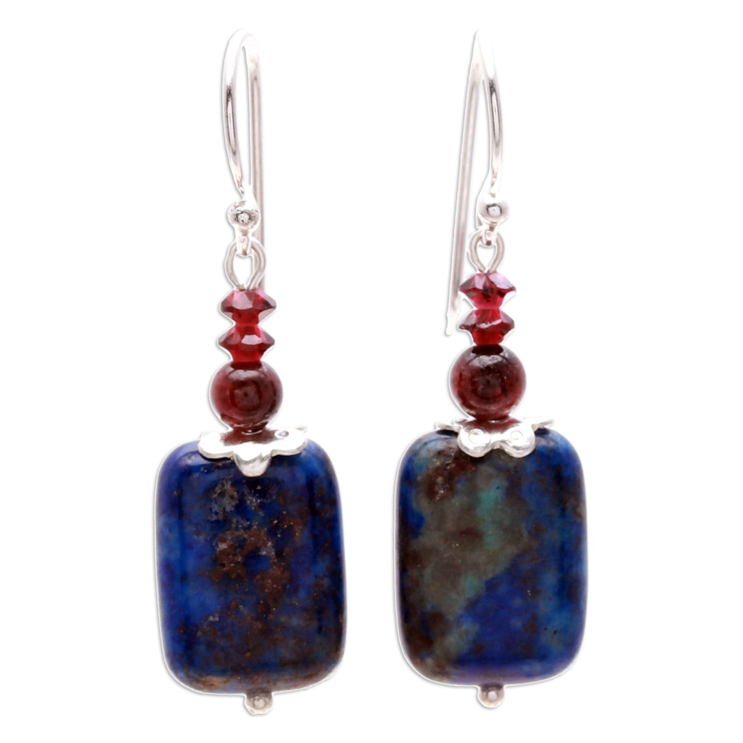 Lapis Lazuli and Garnet Dangle Earrings from Thailand - Romantic Blueberry