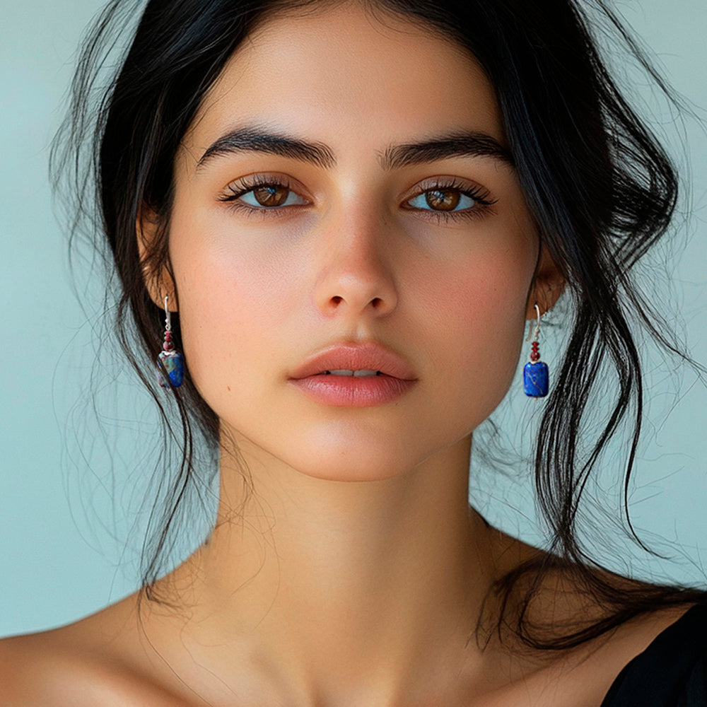 Lapis Lazuli and Garnet Dangle Earrings from Thailand - Romantic Blueberry