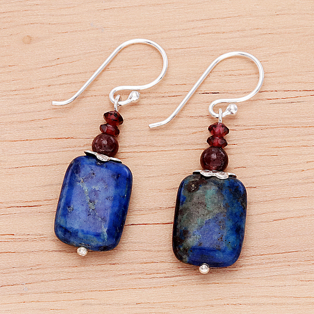 Lapis Lazuli and Garnet Dangle Earrings from Thailand - Romantic Blueberry