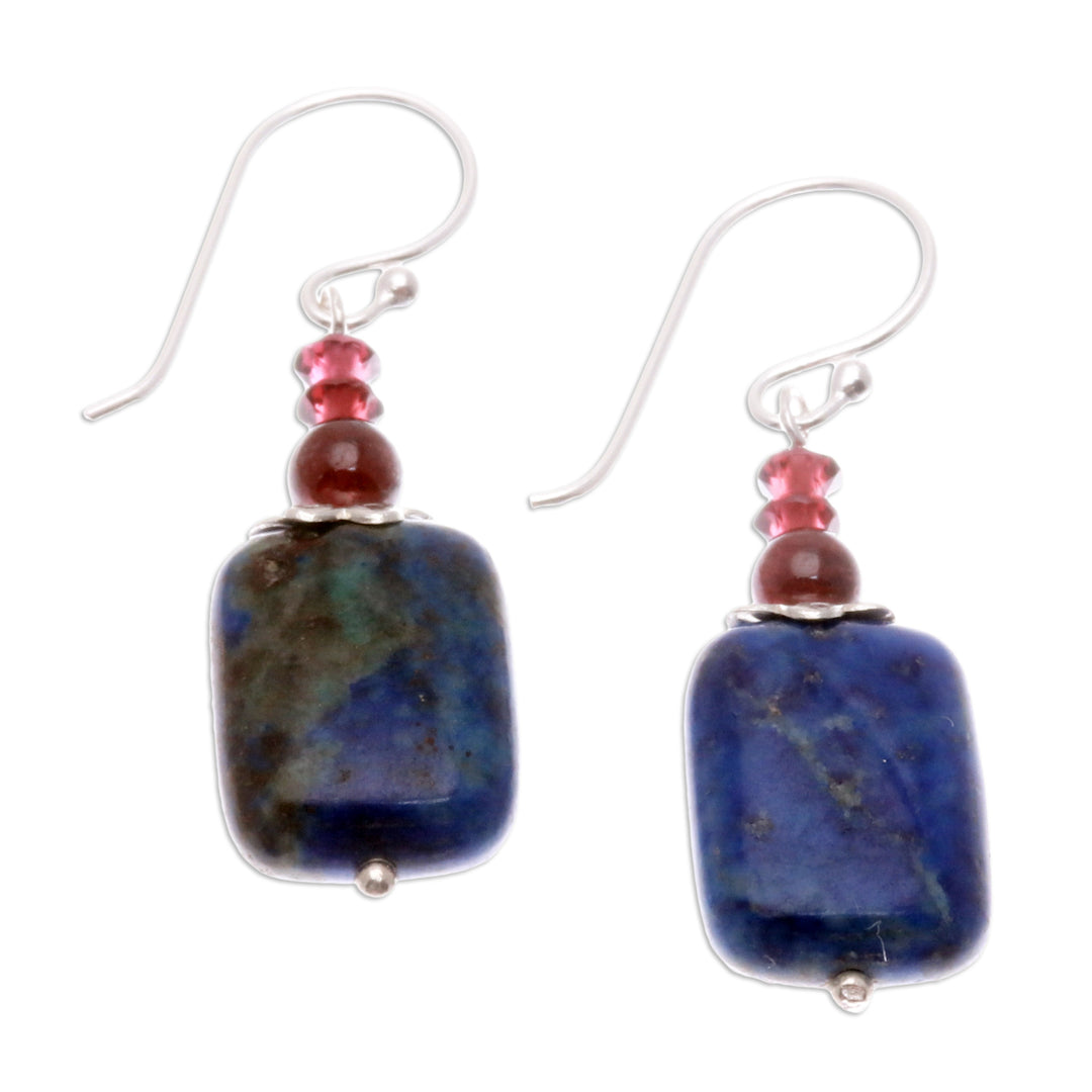 Lapis Lazuli and Garnet Dangle Earrings from Thailand - Romantic Blueberry