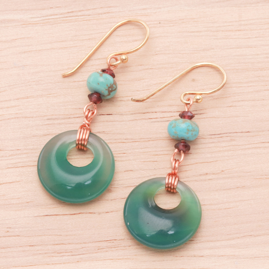 Tropical Glam-Themed Green Onyx and Garnet Dangle Earrings - Island Loops