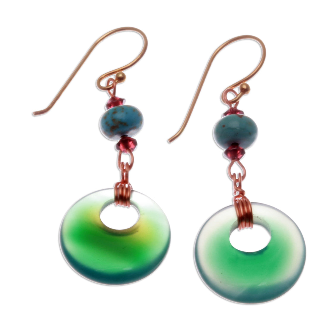 Tropical Glam-Themed Green Onyx and Garnet Dangle Earrings - Island Loops