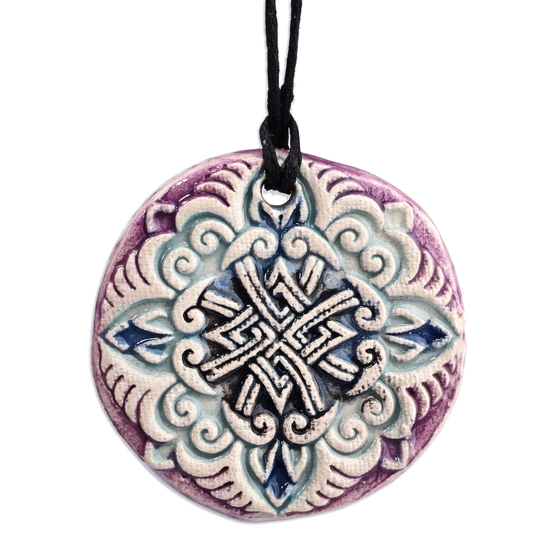Hand-Painted Purple and Blue Floral Ceramic Pendant Necklace - Twilight Elegance