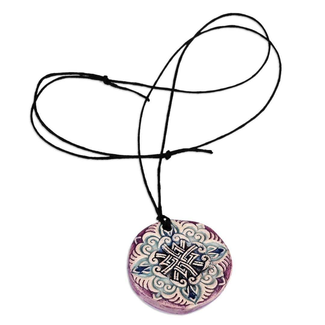Hand-Painted Purple and Blue Floral Ceramic Pendant Necklace - Twilight Elegance