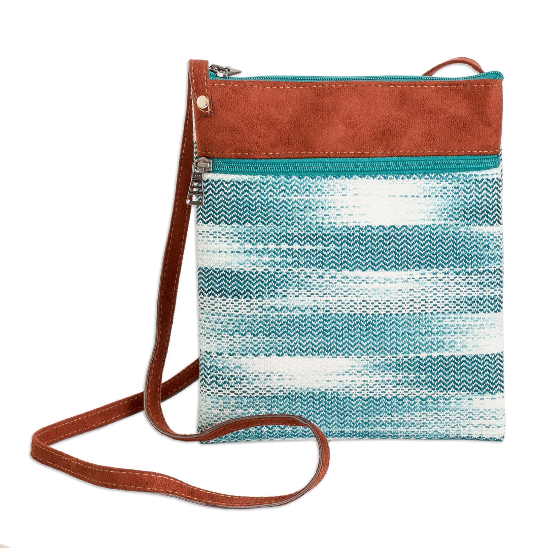 Faux Leather-Accented Cotton Sling Bag in Aquamarine Hues - Paradise in Aquamarine