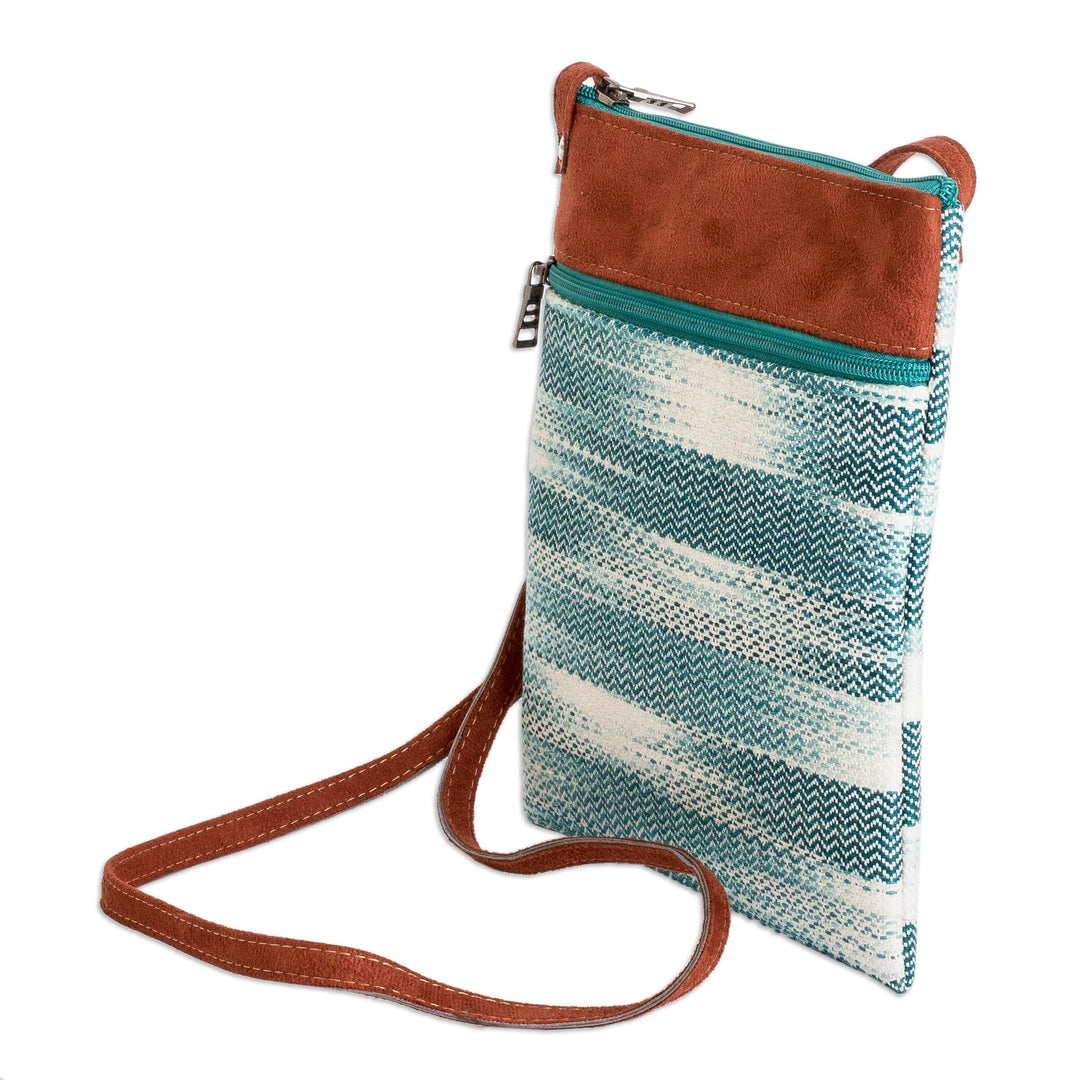 Faux Leather-Accented Cotton Sling Bag in Aquamarine Hues - Paradise in Aquamarine