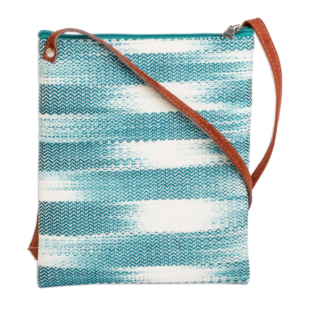 Faux Leather-Accented Cotton Sling Bag in Aquamarine Hues - Paradise in Aquamarine