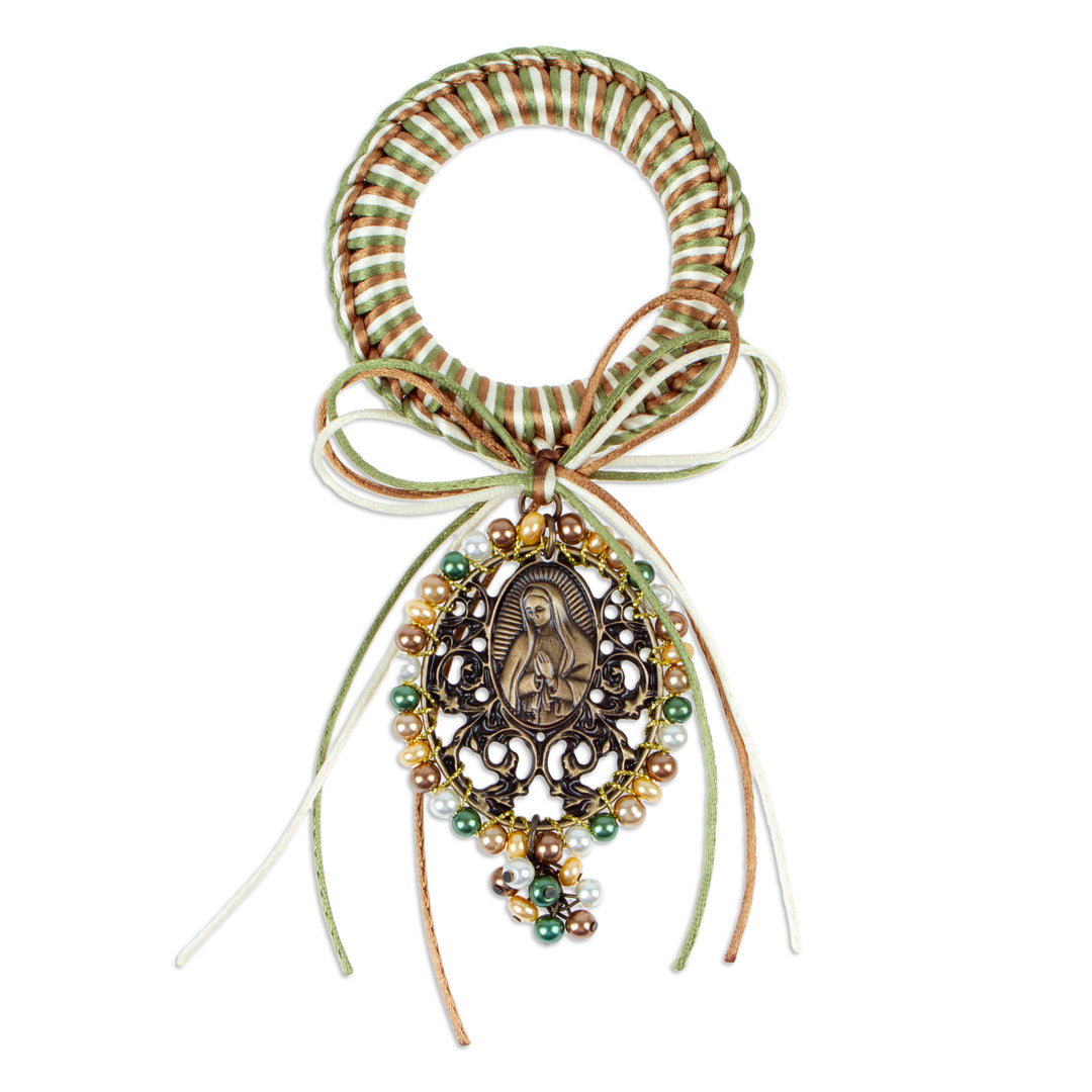 Religious Green and Brown Glass Beaded Door Knob Hanger - Guadalupe's Emblem