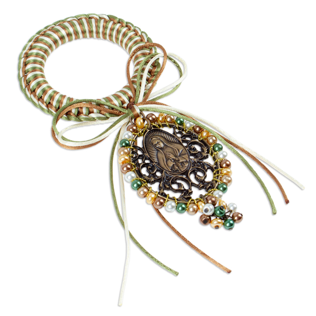 Religious Green and Brown Glass Beaded Door Knob Hanger - Guadalupe's Emblem