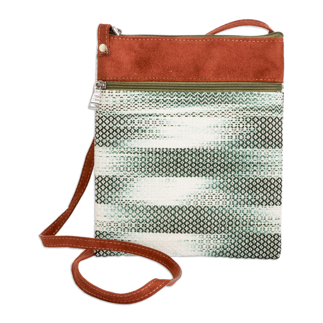 Faux Leather-Accented Cotton Sling Bag in Forest Green Hues - Forest Beauty
