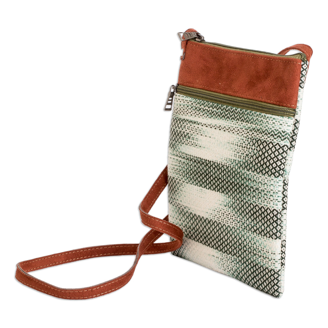 Faux Leather-Accented Cotton Sling Bag in Forest Green Hues - Forest Beauty