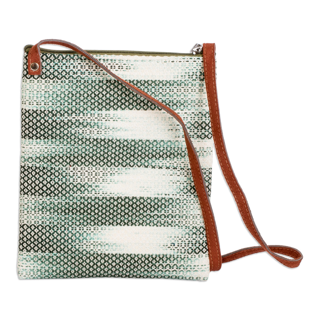 Faux Leather-Accented Cotton Sling Bag in Forest Green Hues - Forest Beauty