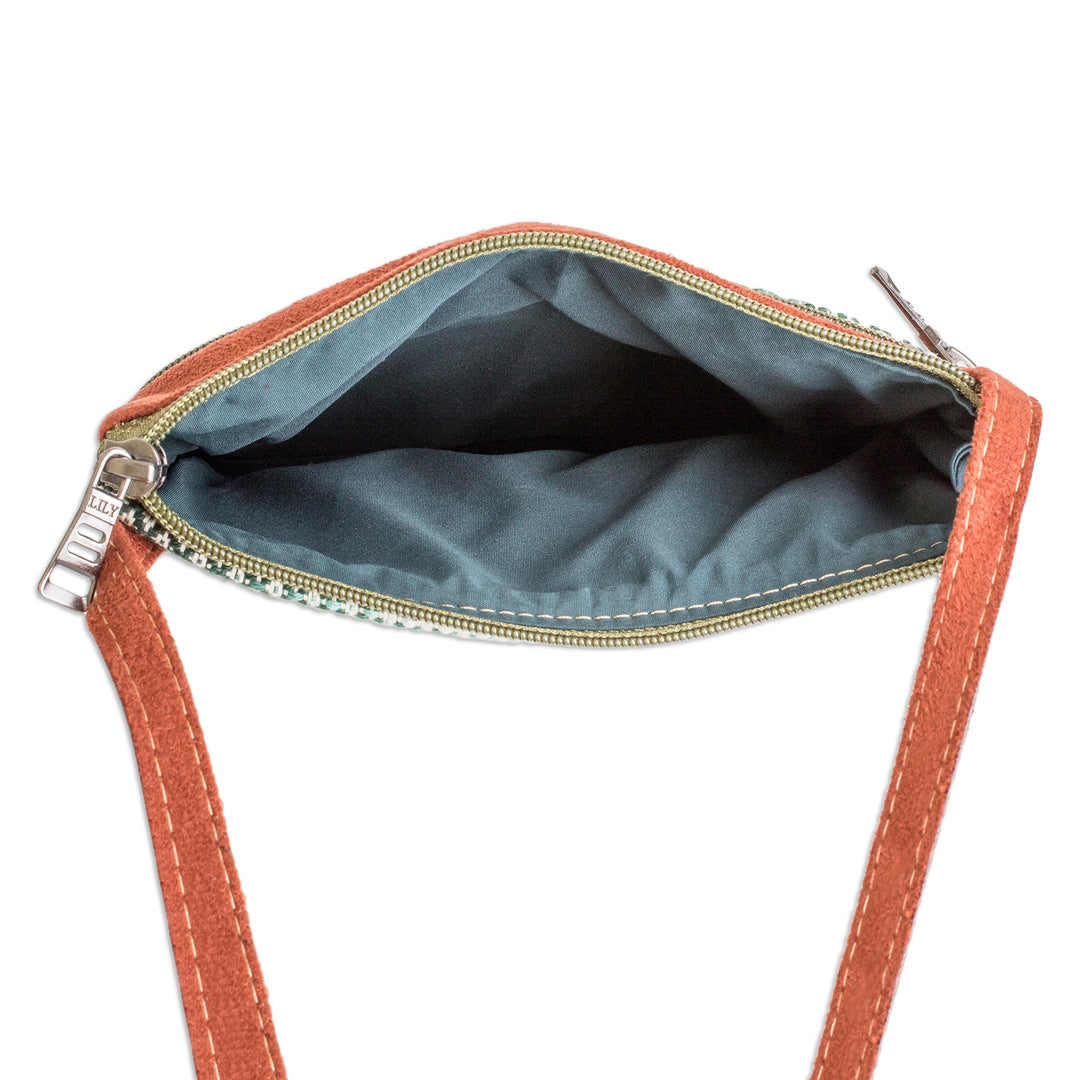 Faux Leather-Accented Cotton Sling Bag in Forest Green Hues - Forest Beauty
