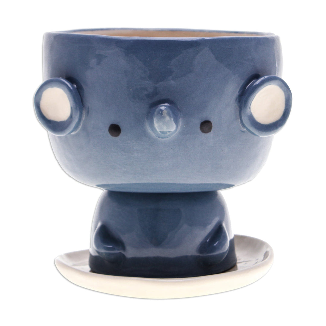 Elephant-Shaped Blue Ceramic Mini Flower Pot with Saucer - Endearing Elephant