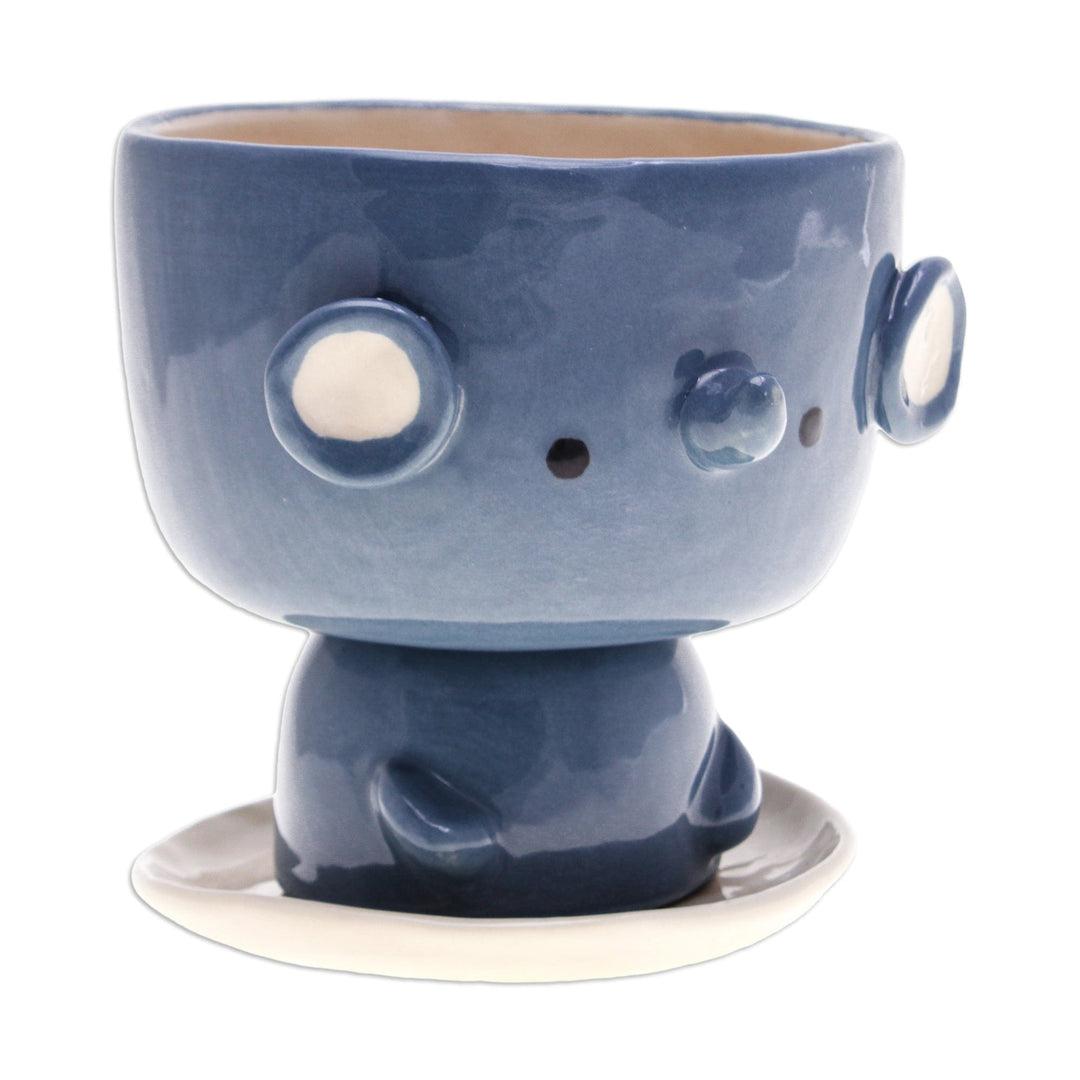 Elephant-Shaped Blue Ceramic Mini Flower Pot with Saucer - Endearing Elephant