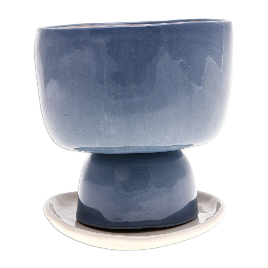 Elephant-Shaped Blue Ceramic Mini Flower Pot with Saucer - Endearing Elephant