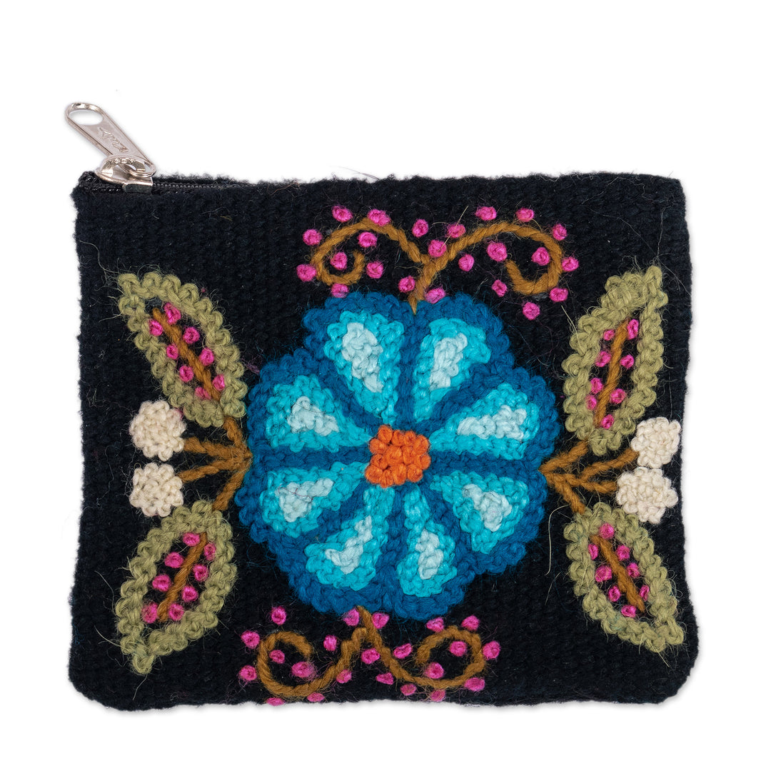 Knit Floral Blue and Black Wool Coin Purse with Zipper - Lunar Petals