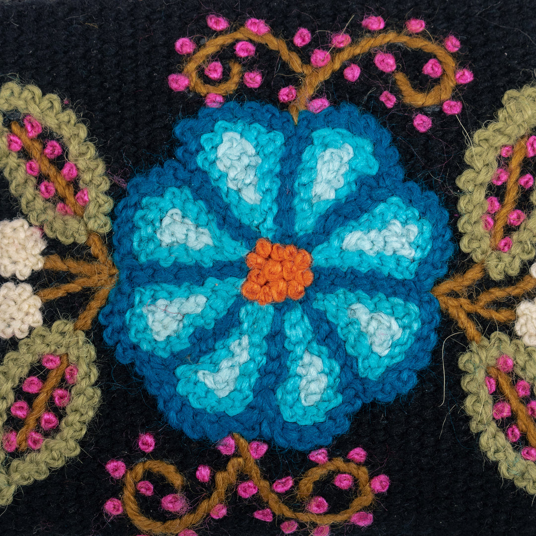 Knit Floral Blue and Black Wool Coin Purse with Zipper - Lunar Petals