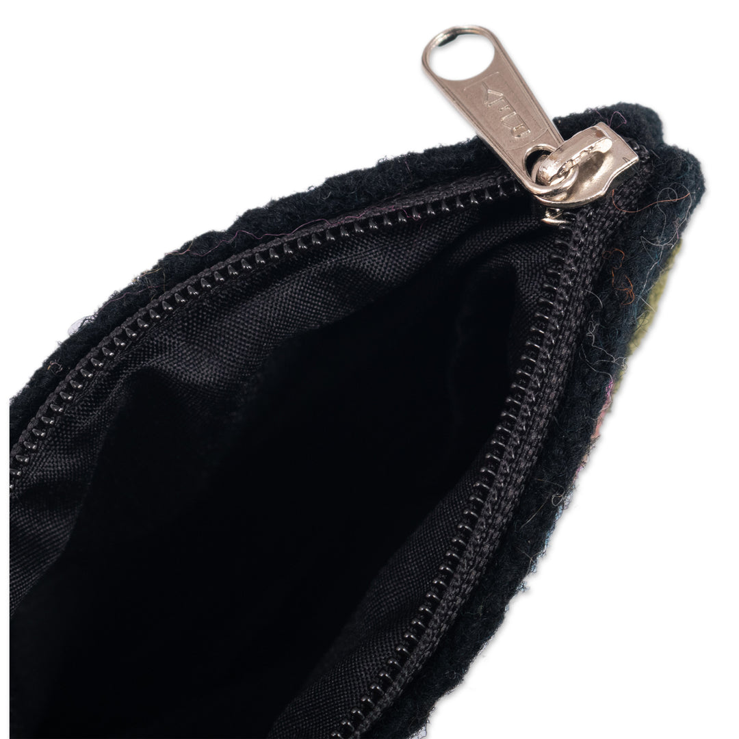 Knit Floral Blue and Black Wool Coin Purse with Zipper - Lunar Petals