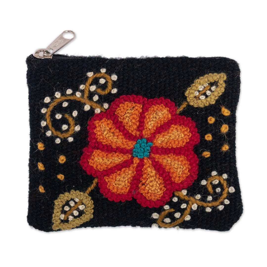 Knit Floral Orange and Black Wool Coin Purse with Zipper - Soiree Petals