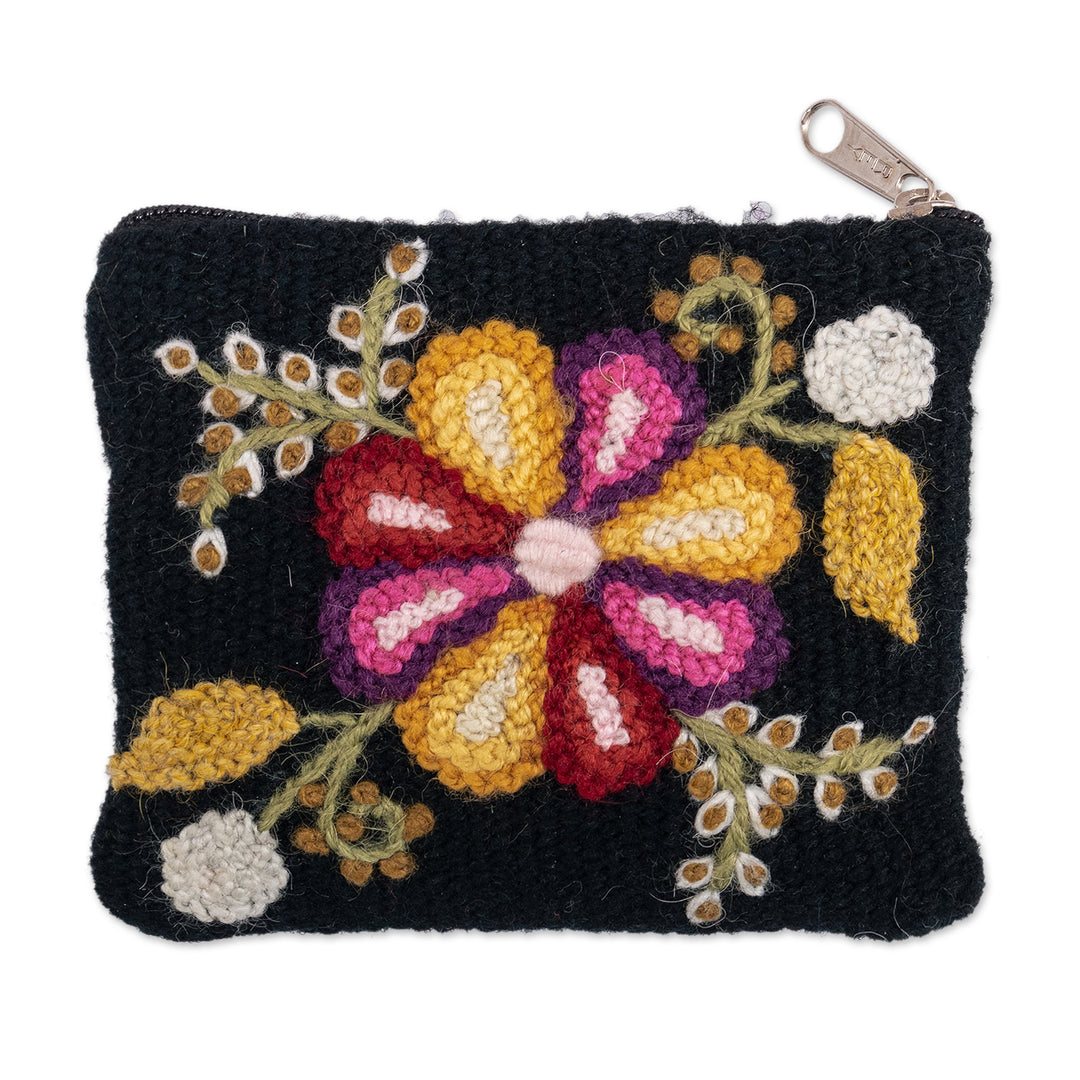 Knit Floral Multicolor on Black Wool Coin Purse with Zipper - Spring Petals