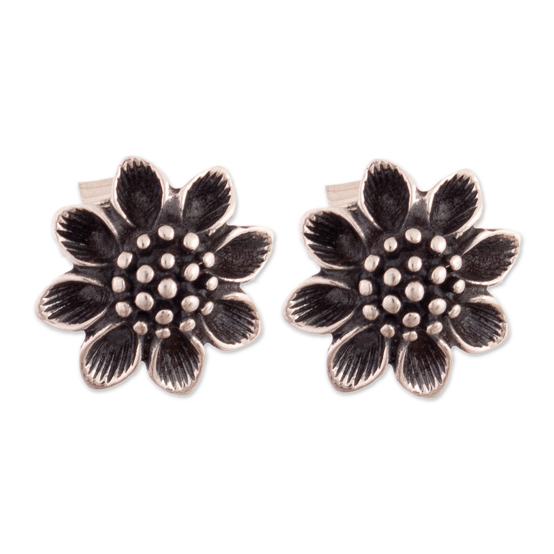 Sunflower-Shaped Oxidized Sterling Silver Button Earrings - Floral Buttons
