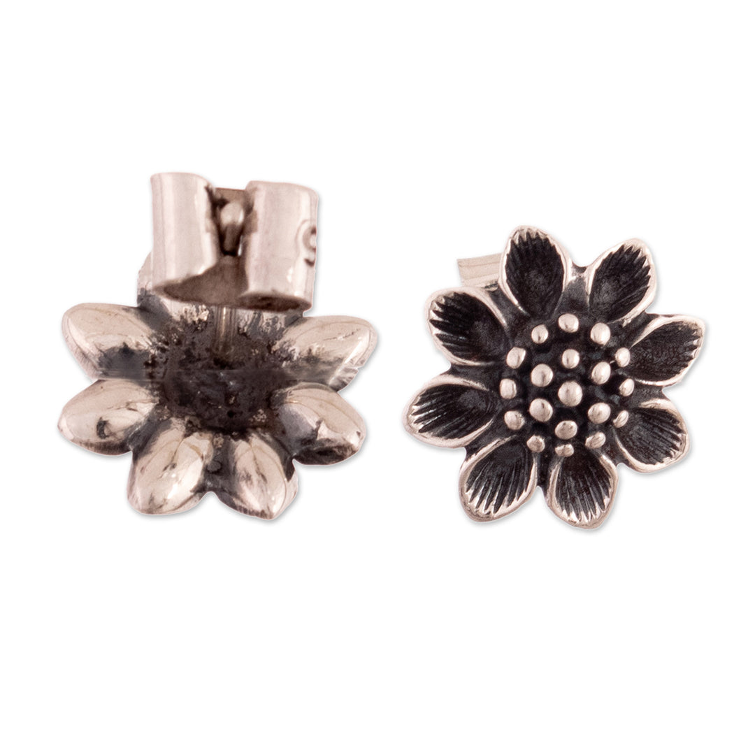 Sunflower-Shaped Oxidized Sterling Silver Button Earrings - Floral Buttons