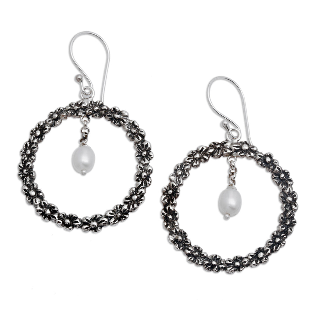 Plumeria-Themed Cultured Pearl Silver Dangle Earrings - Plumeria Blossoms