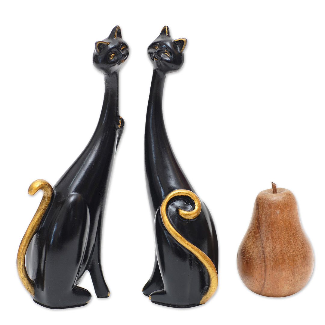 Set of 2 Black Cement and Lava Sand Cat Sculptures - Feline Mystery