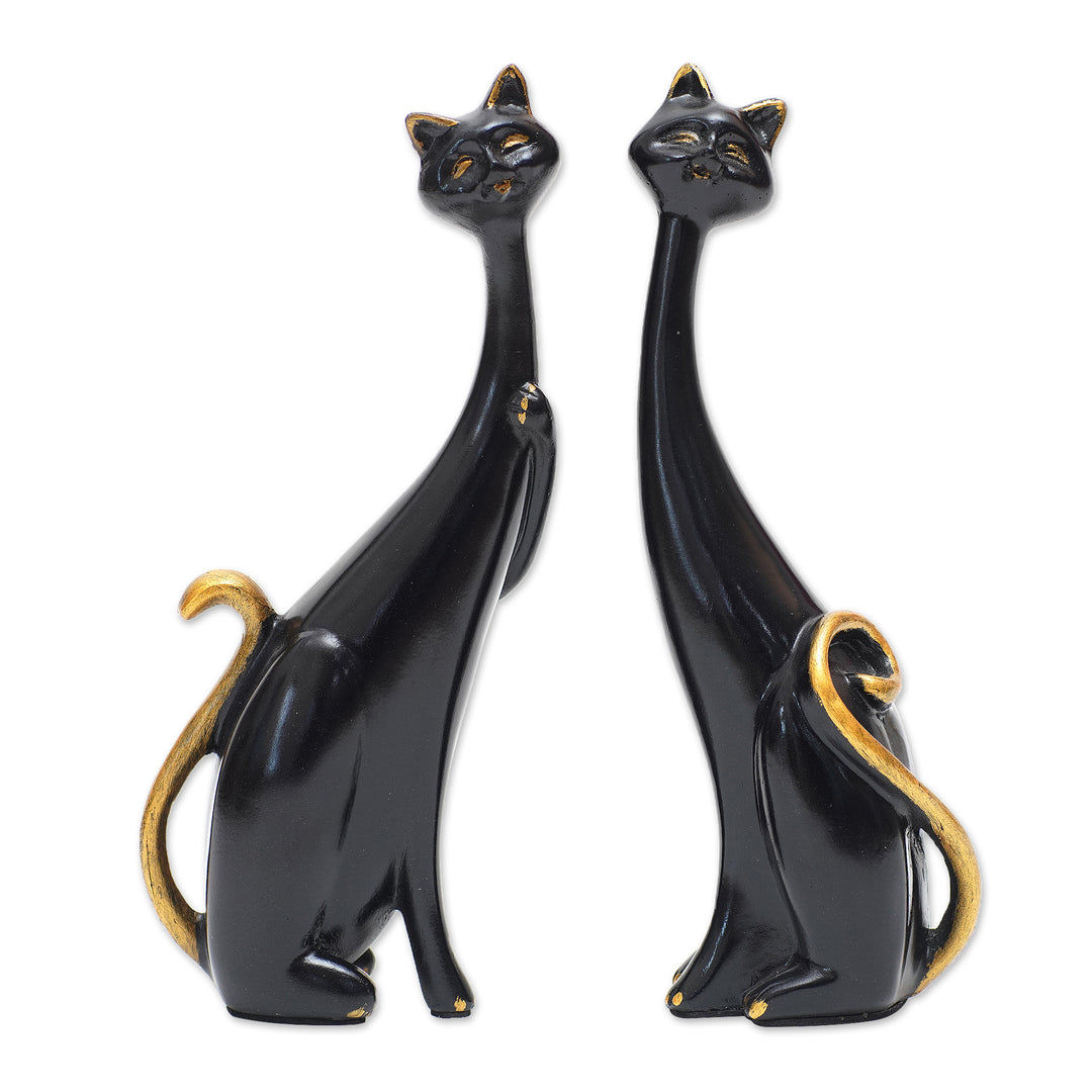 Set of 2 Black Cement and Lava Sand Cat Sculptures - Feline Mystery