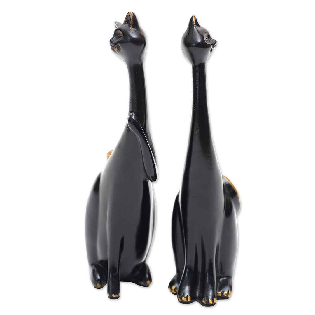 Set of 2 Black Cement and Lava Sand Cat Sculptures - Feline Mystery