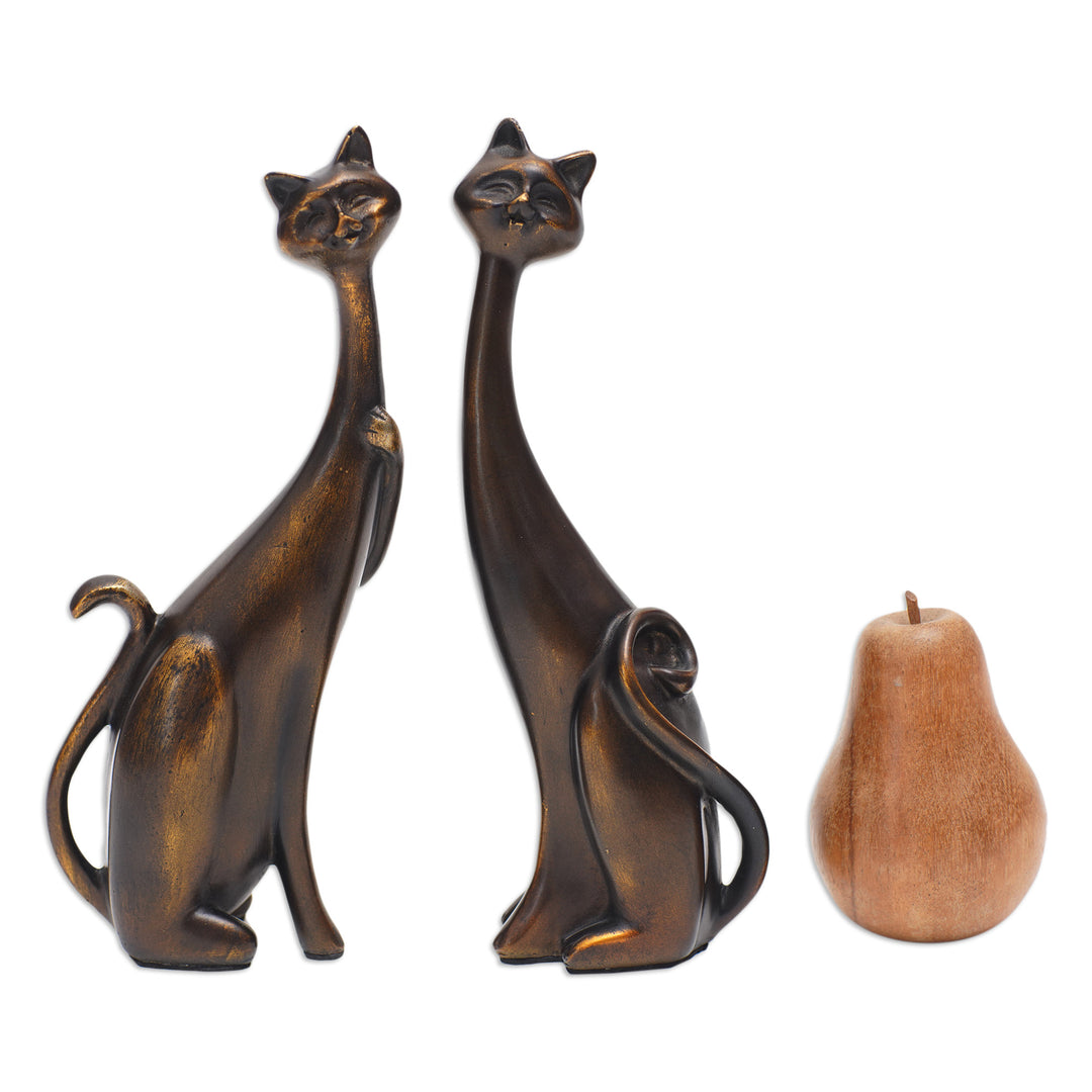Set of 2 Golden Cement and Lava Sand Cat Sculptures - Fanciful Felines