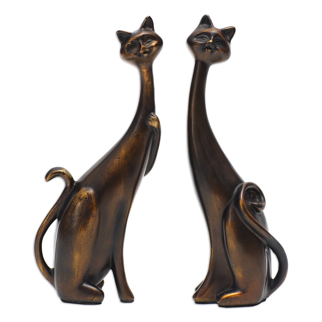 Set of 2 Golden Cement and Lava Sand Cat Sculptures - Fanciful Felines