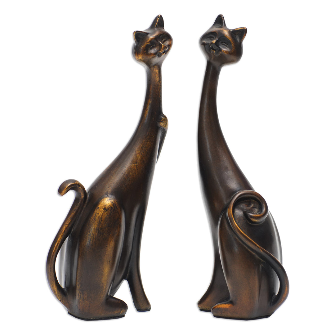 Set of 2 Golden Cement and Lava Sand Cat Sculptures - Fanciful Felines