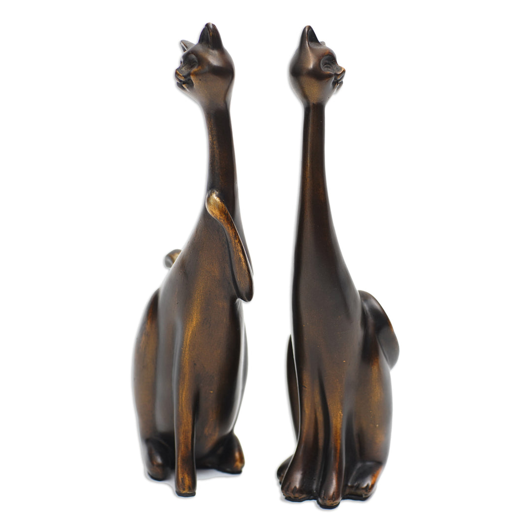 Set of 2 Golden Cement and Lava Sand Cat Sculptures - Fanciful Felines