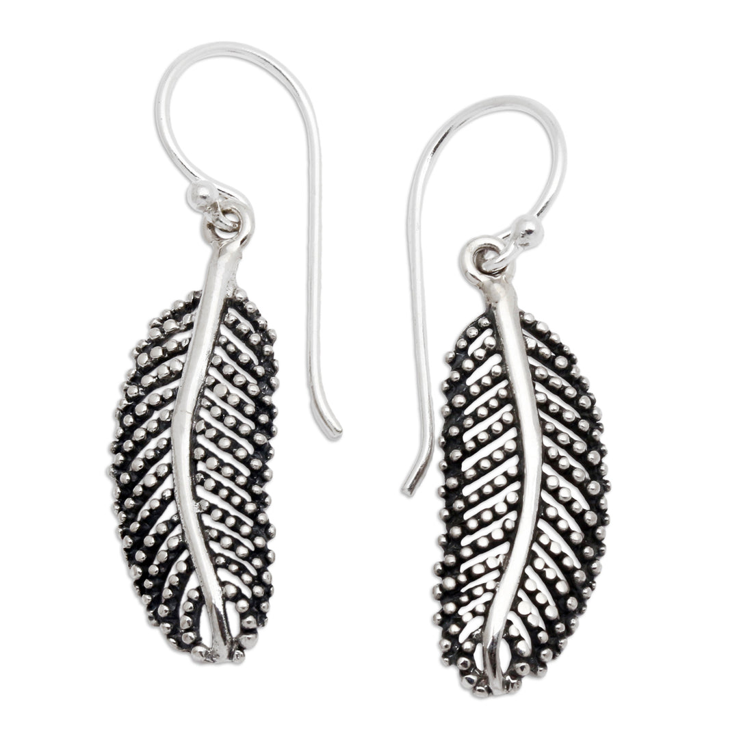 Leafy Polished and Oxidized Sterling Silver Dangle Earrings - Snowy Foliage