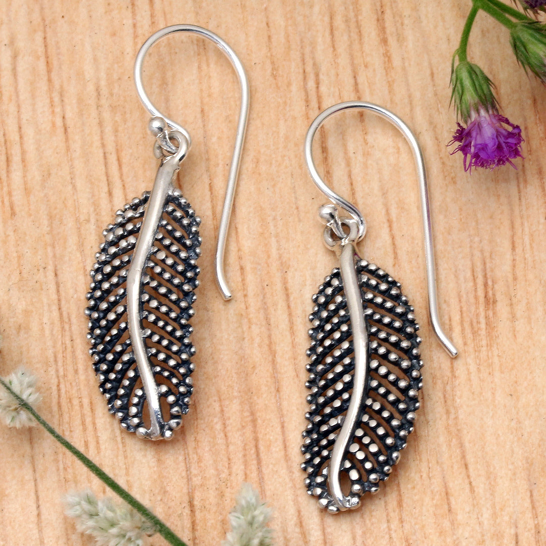 Leafy Polished and Oxidized Sterling Silver Dangle Earrings - Snowy Foliage