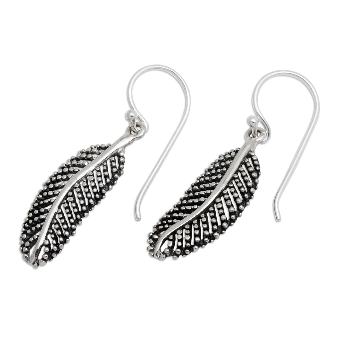 Leafy Polished and Oxidized Sterling Silver Dangle Earrings - Snowy Foliage