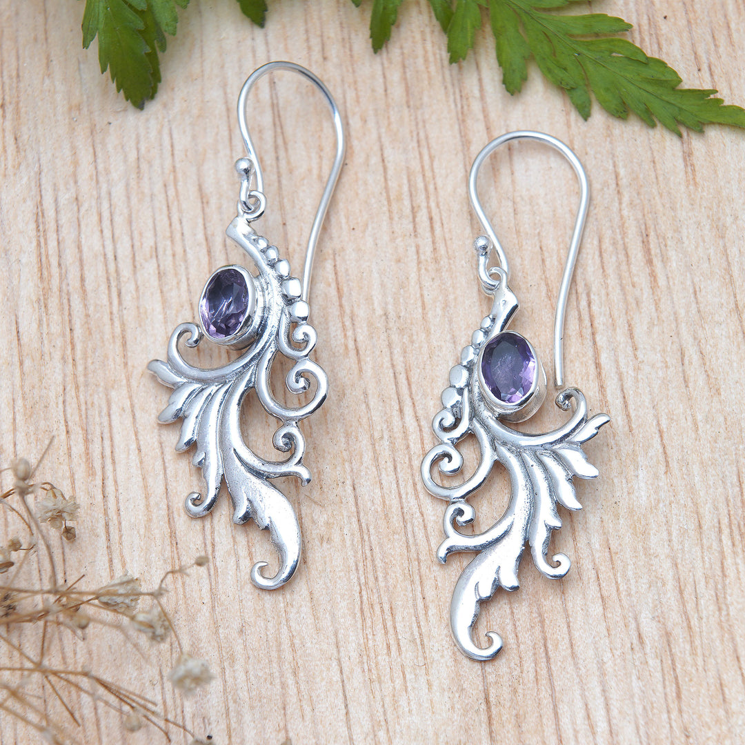 Sterling Silver Peacock Feather Earrings with Amethyst Gems - Peacock Supreme in Purple