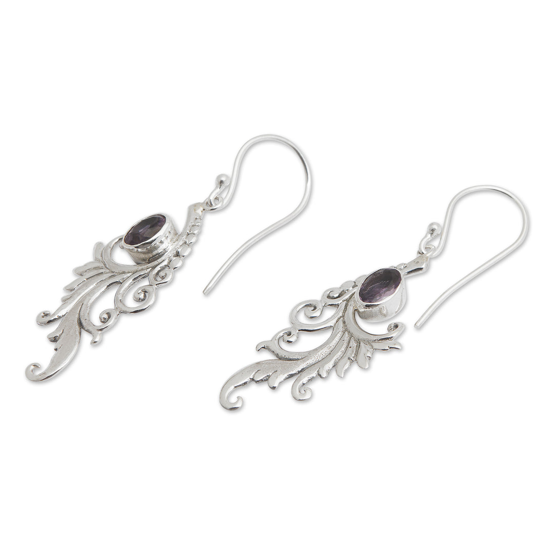 Sterling Silver Peacock Feather Earrings with Amethyst Gems - Peacock Supreme in Purple