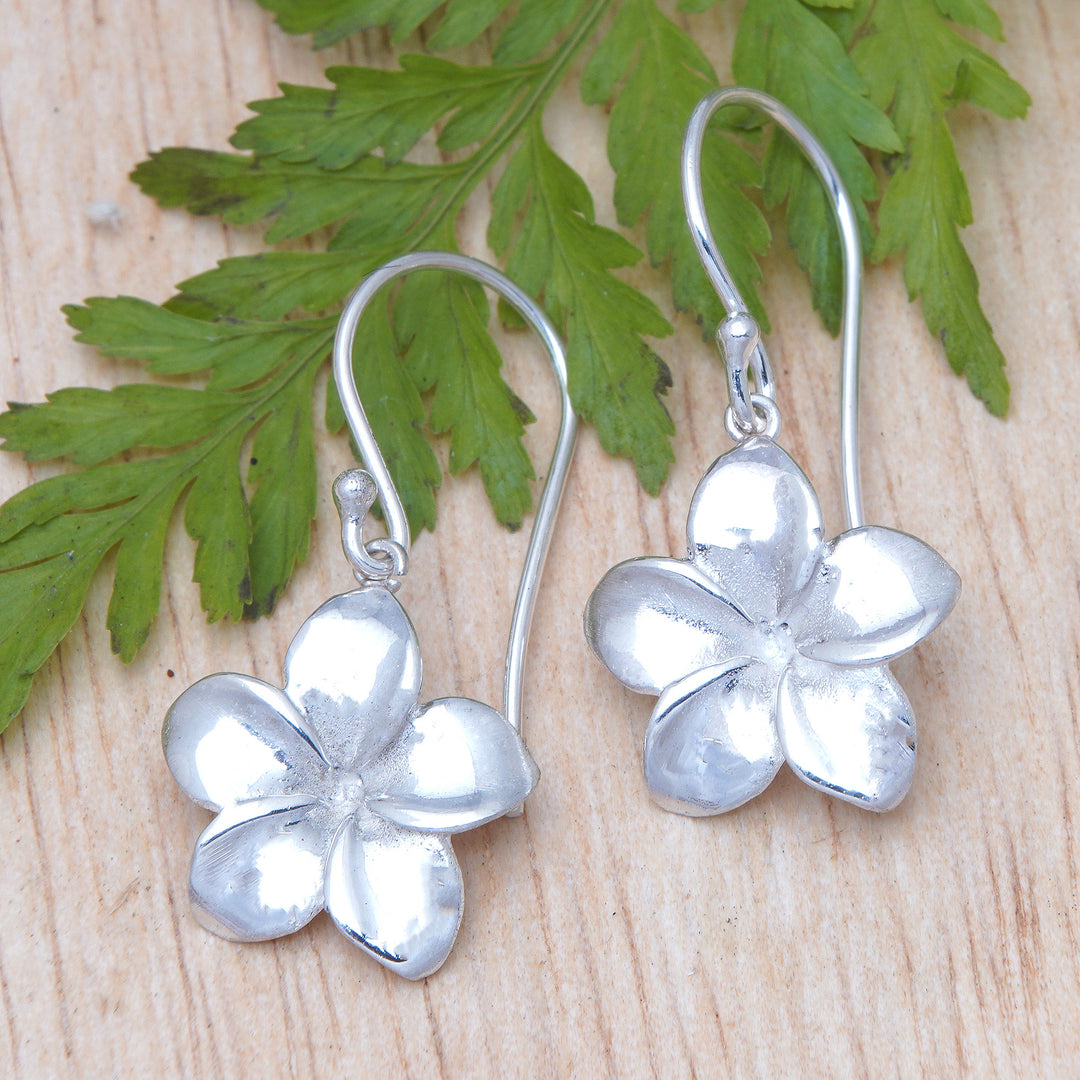 Polished Sterling Silver Floral Dangle Earrings from Bali - Ethereal Frangipani