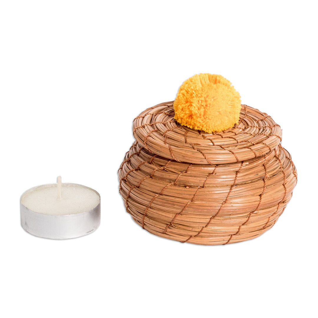 Handwoven Pine Needle Basket with Marigold Cotton Pompom - Treasures in Marigold