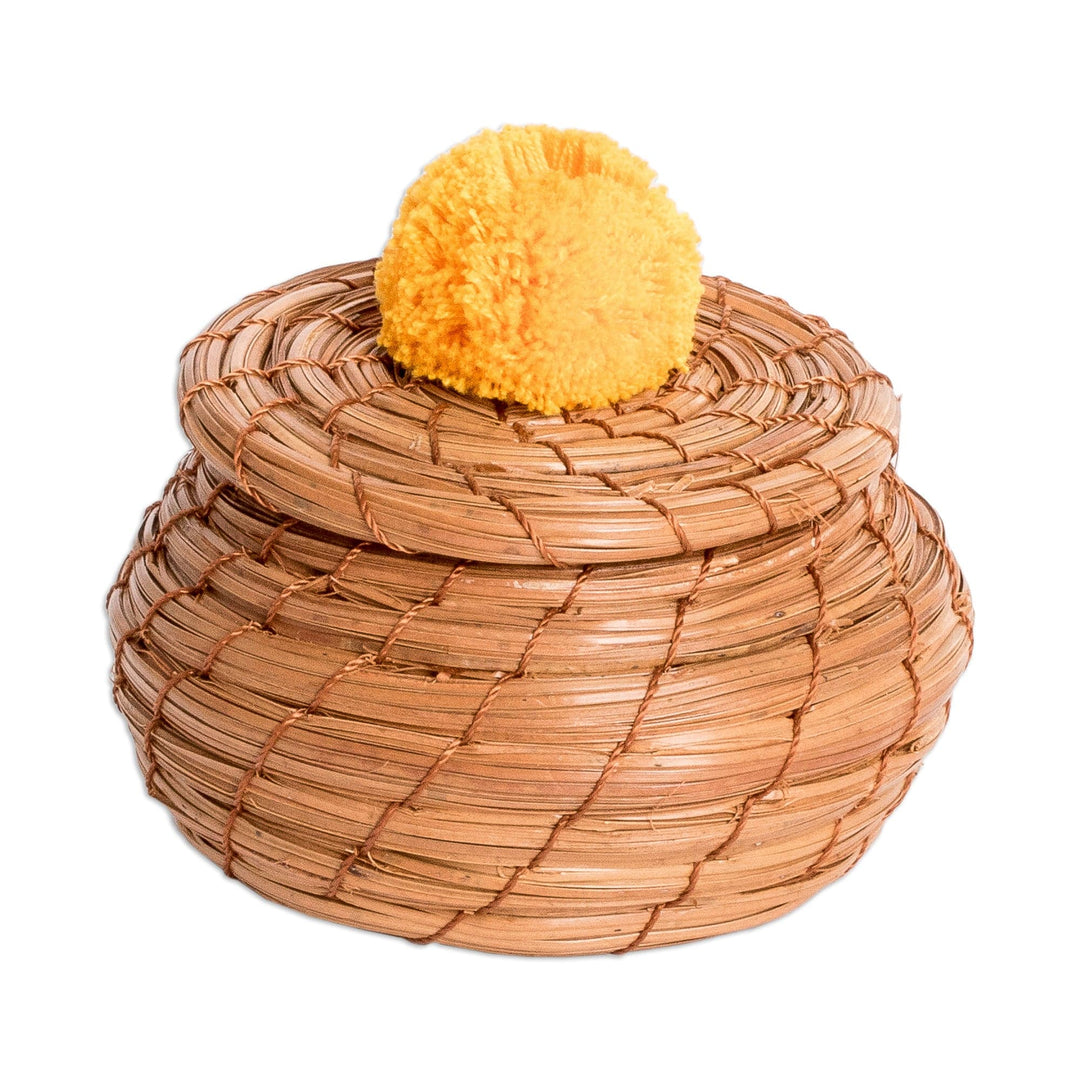 Handwoven Pine Needle Basket with Marigold Cotton Pompom - Treasures in Marigold