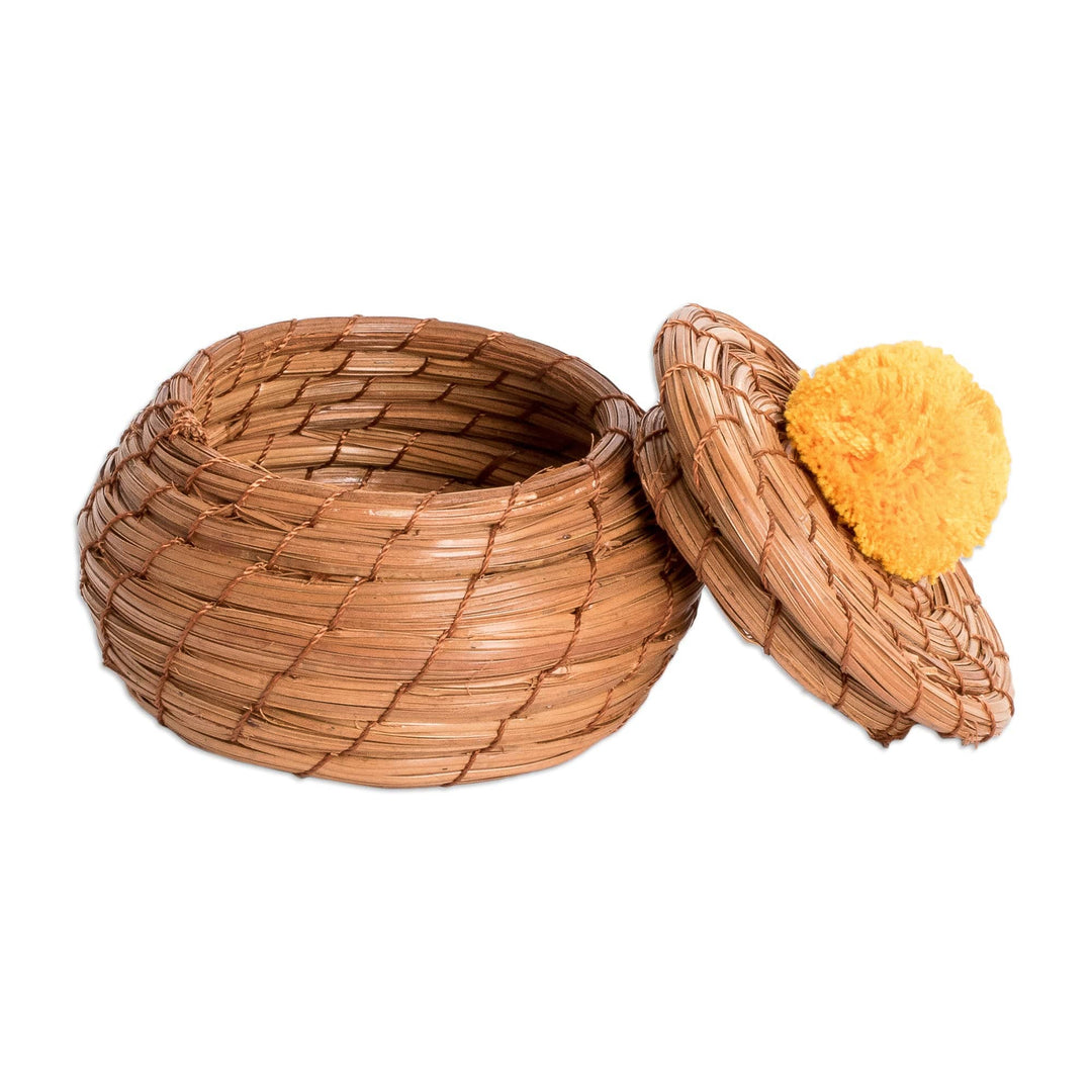 Handwoven Pine Needle Basket with Marigold Cotton Pompom - Treasures in Marigold